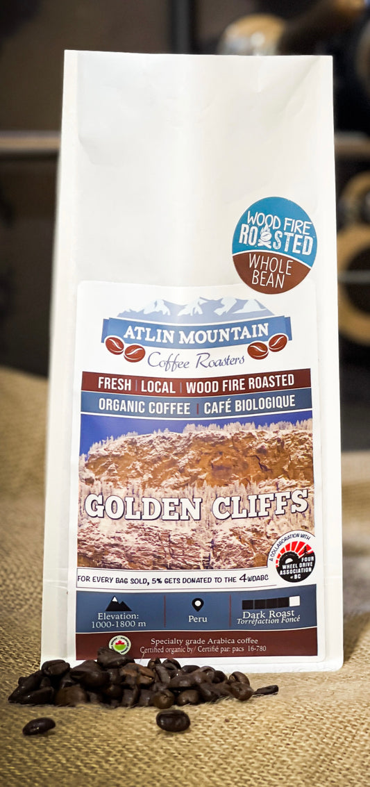 Golden cliffs - a collaboration with the 4 Wheel drive association of BC. Organic Peru Dark roast