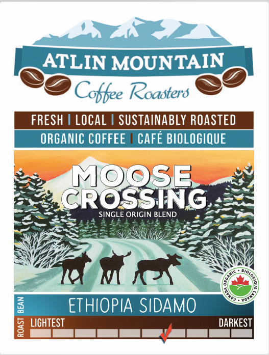 Moose Crossing. Organic Ethiopia Sidamo - Medium/Dark single origin blend - Medium+ Bold, Floral, Orange blossom