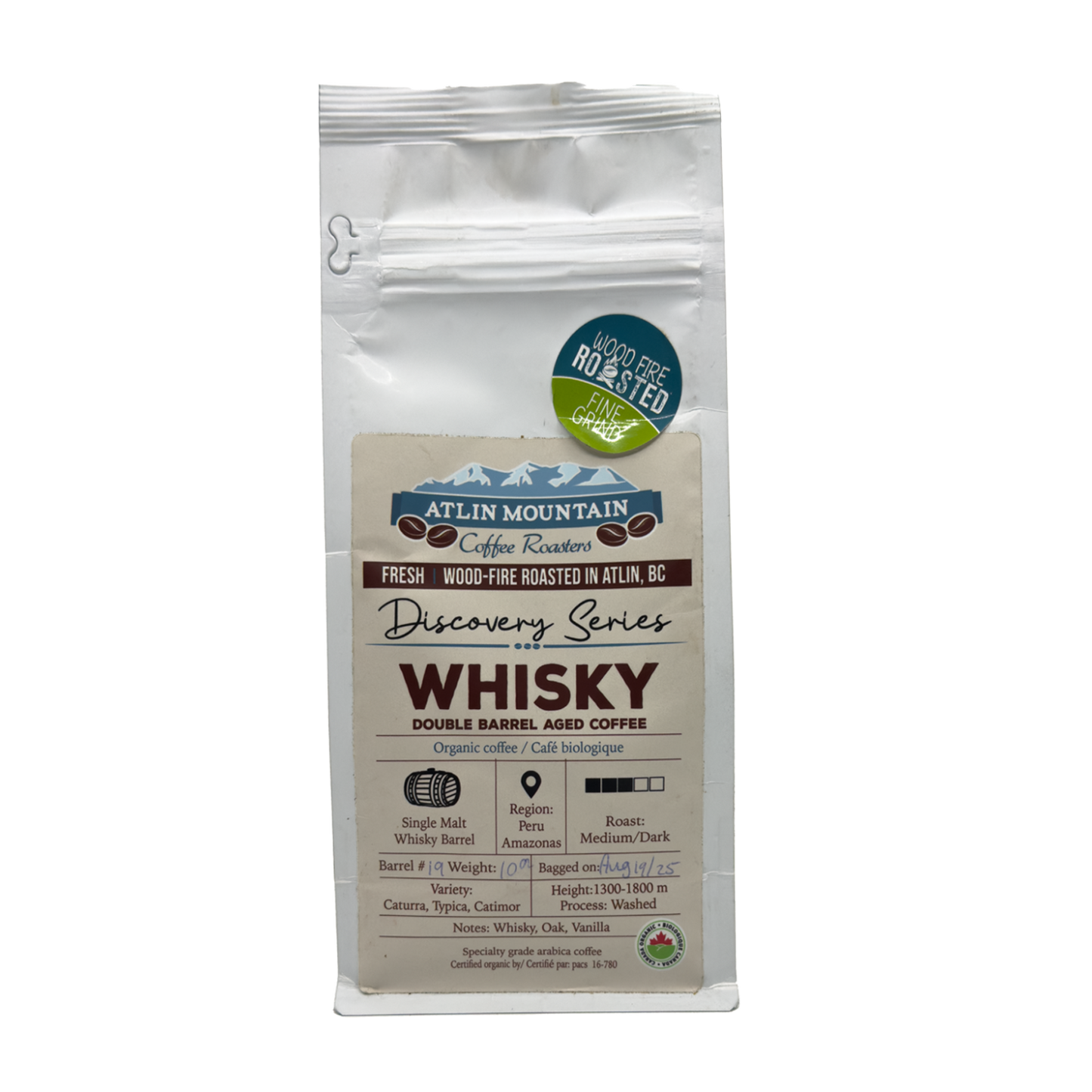 Whisky barrel aged coffee in a bag