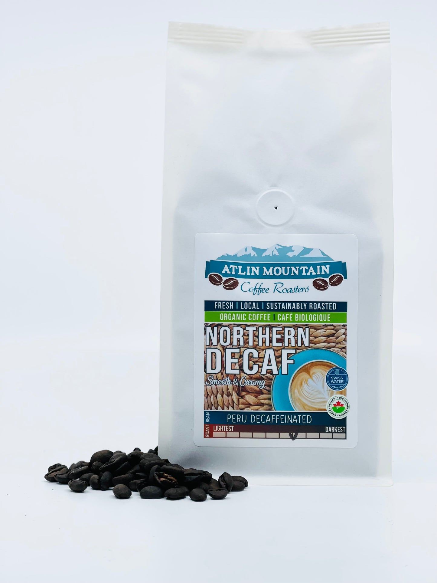 Northern Nights. Organic, Swiss water Decaffeinated - Medium roast - Creamy, smooth , chocolate, earthy